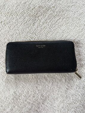 Kate Spade Black Pebbled Leather Zip-Around Continental Wallet with Gold Logo